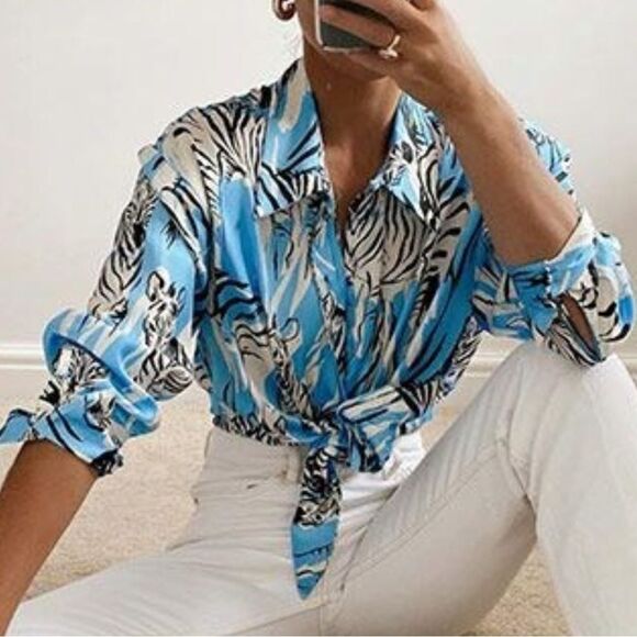 Zebra print satin blouse size Medium - Picture 1 of 12